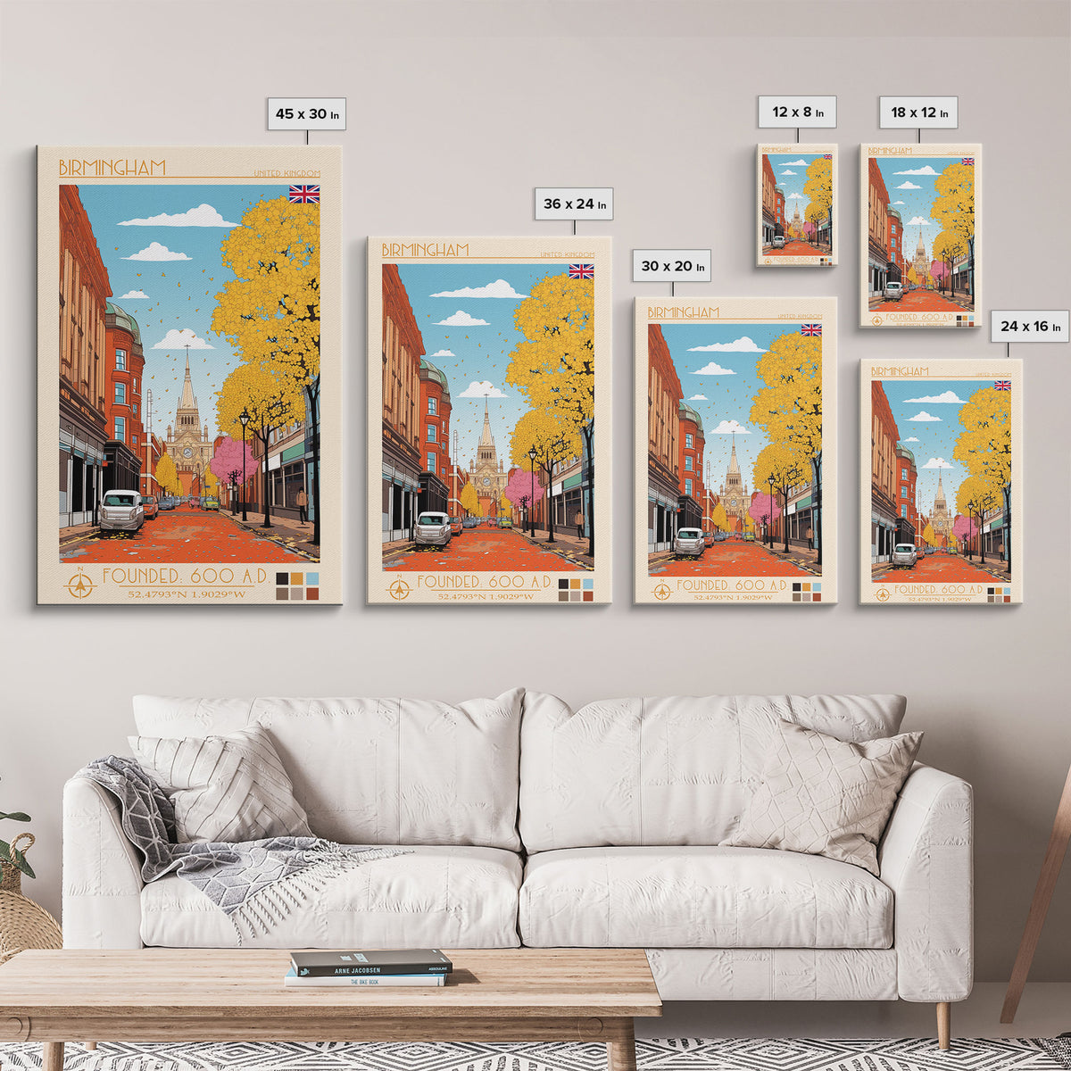 Birmingham UK Travel Poster Framed Canvas Print, Midcentury Modern Art, Pop Art Wall Decor, Home Decor, Living Room Decoration