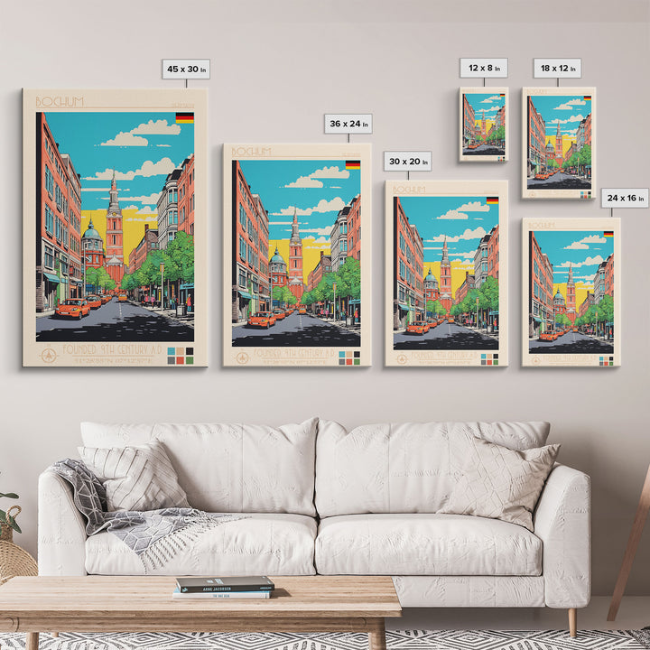 Bochum Germany Travel Poster Framed Canvas Print, Midcentury Modern Art, Pop Art Wall Decor, Home Decor, Living Room Art, Scenic View