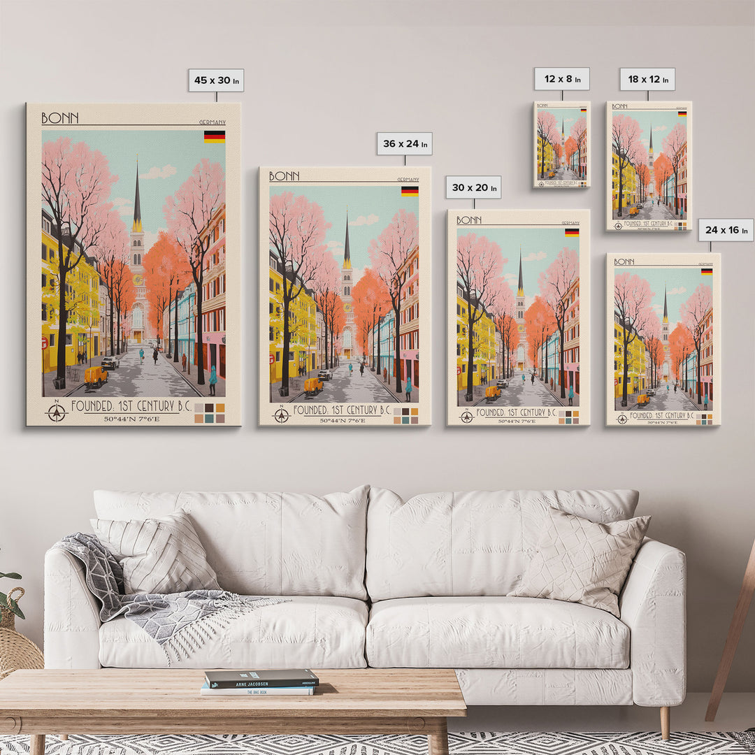 Bonn Germany Travel Poster Framed Canvas Print, Midcentury Modern Art, Pop Art Wall Decor, Home Decor, Living Room Art, Cultural Gift