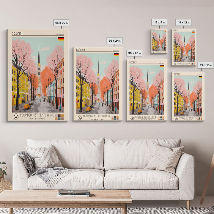 Bonn Germany Travel Poster Framed Canvas Print, Midcentury Modern Art, Pop Art Wall Decor, Home Decor, Living Room Art, Cultural Gift