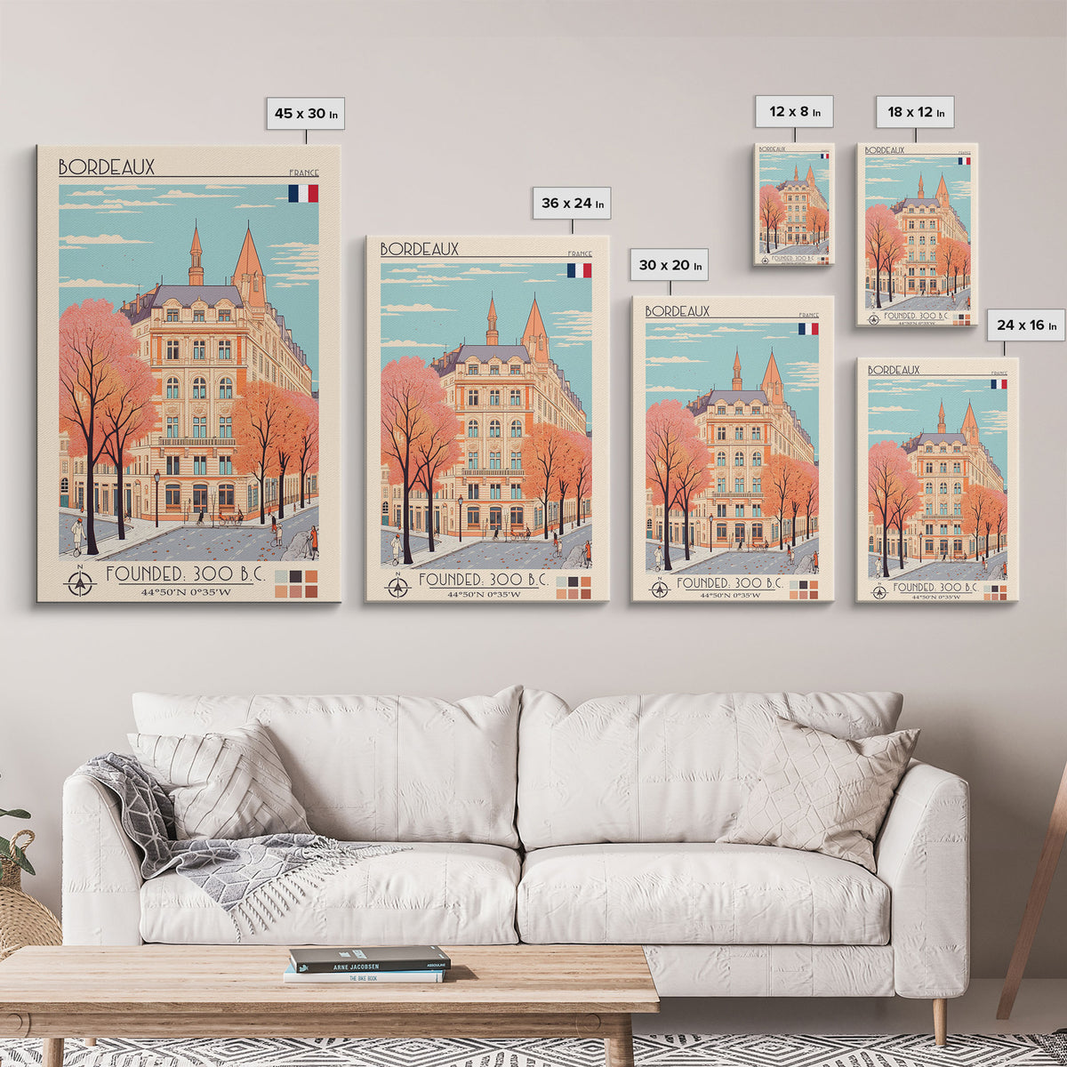 Bordeaux France Travel Poster Framed Canvas Print, Midcentury Modern Art, Pop Art Home Decor, Scenic Wall Art, Living Room Decoration