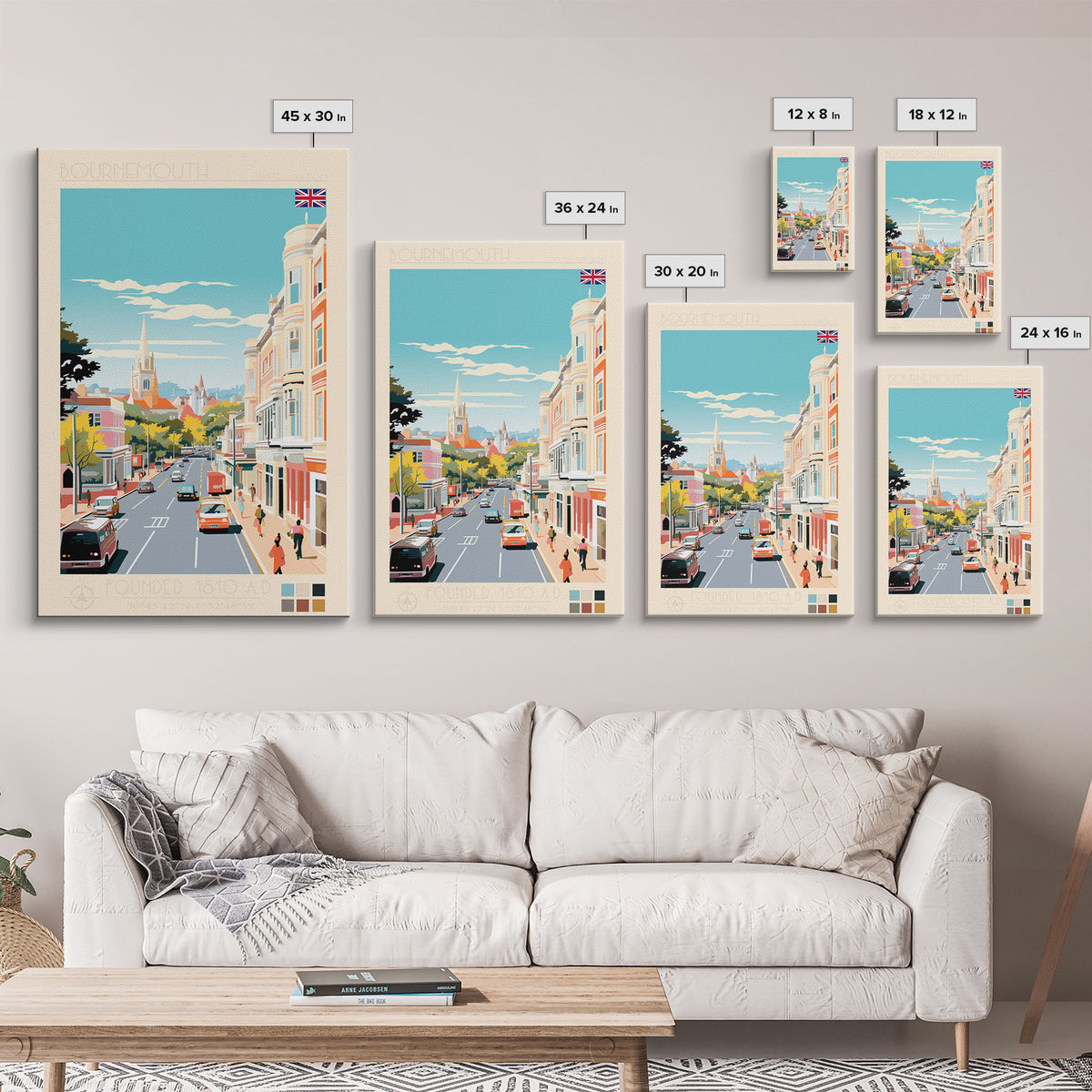 Bournemouth United Kingdom Travel Poster Framed Canvas Print, Midcentury Modern Art, Pop Art Wall Decor, Scenic Wall Art, Living Room Art