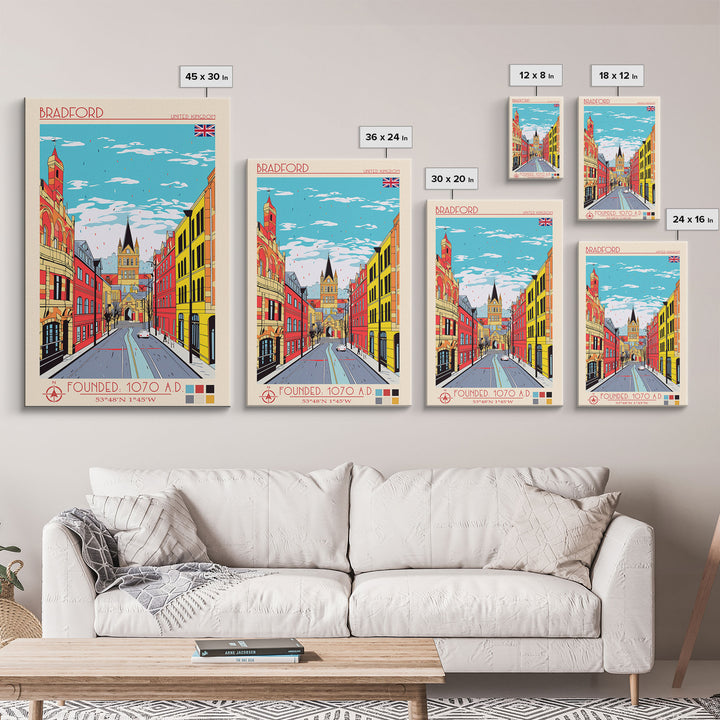 Bradford United Kingdom Travel Poster Framed Canvas Print, Midcentury Modern Art, Pop Art Wall Decor, Home Decor, Vacation Gift, Living Room Art