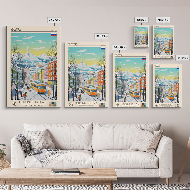 Bratsk Russia Travel Poster Framed Canvas Print, Midcentury Modern Art, Pop Art Wall Decor, Home Decor, Vacation Gift, Living Room Art