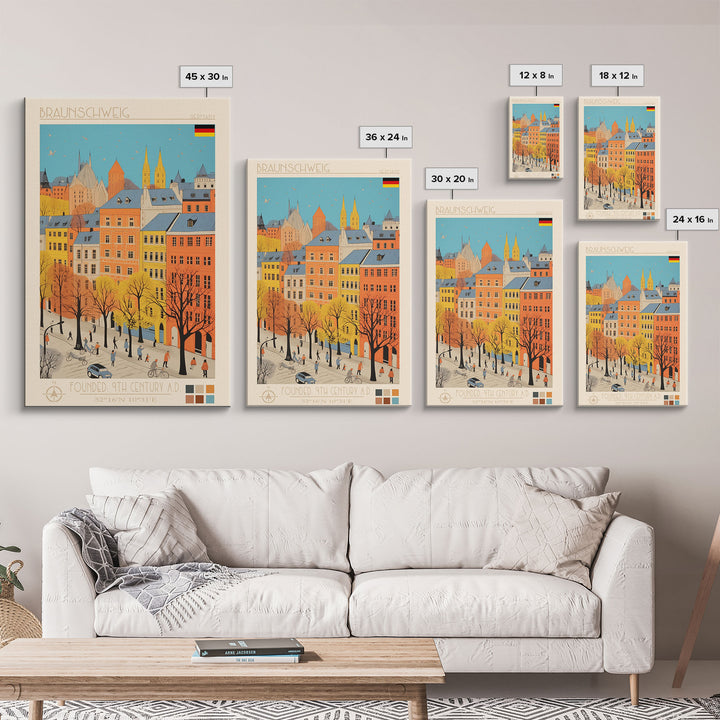 Braunschweig Germany Travel Poster Framed Canvas Print, Midcentury Modern Art, Pop Art Wall Decor, Scenic Wall Art, Home Decor, Living Room Art