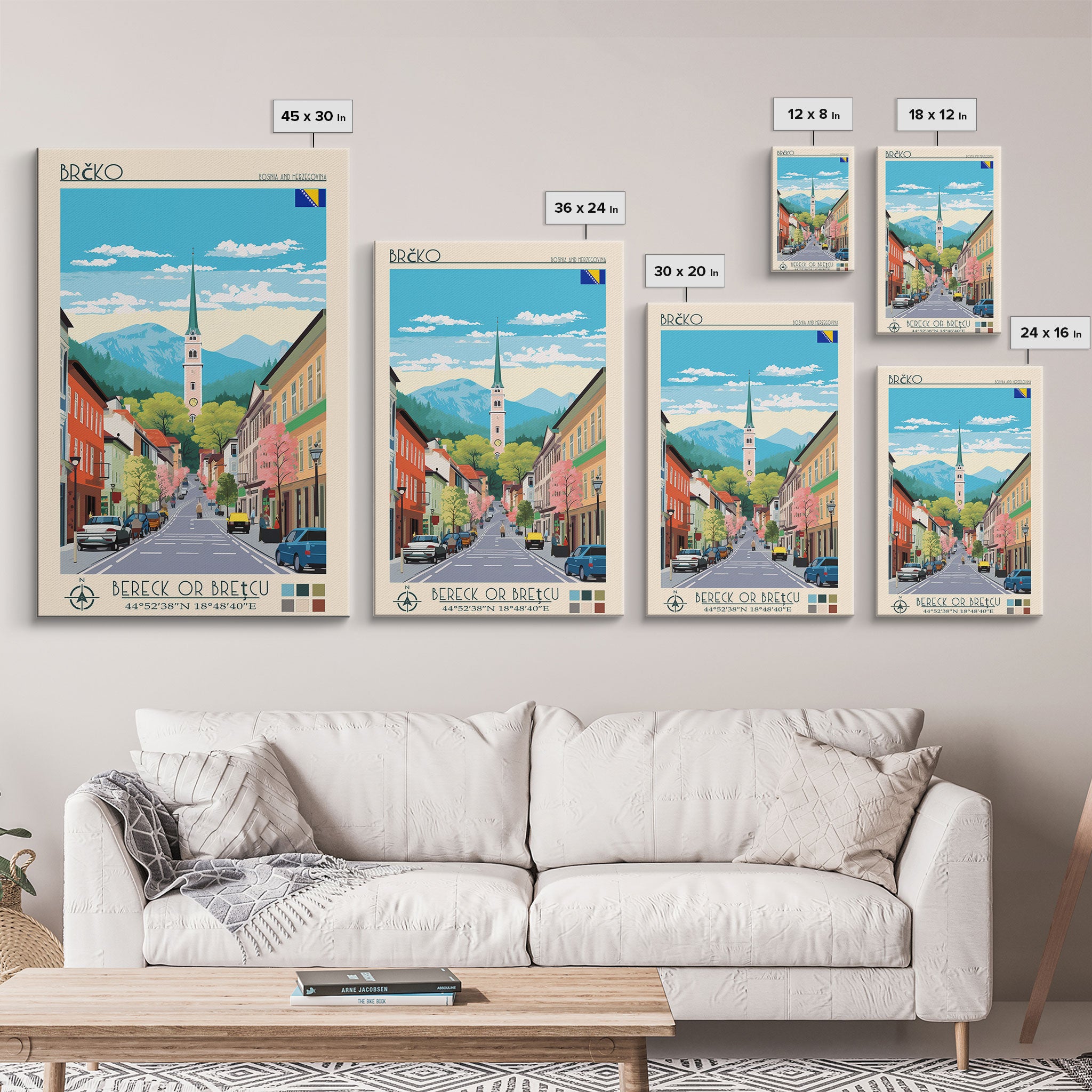 Brčko Bosnia and Herzegovina Travel Poster Framed Canvas Print, Midcentury Modern Art, Pop Art Wall Decor, Home Decor, Living Room Art