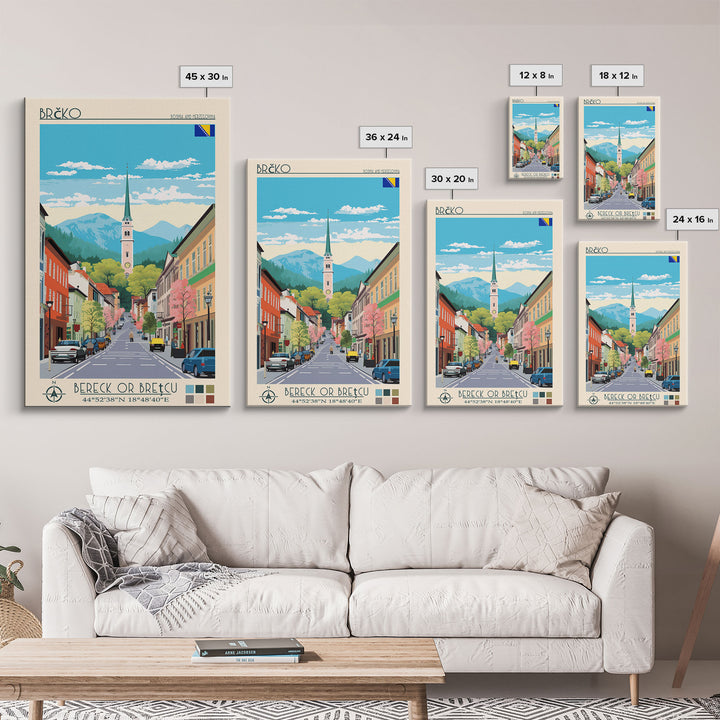 Brčko Bosnia and Herzegovina Travel Poster Framed Canvas Print, Midcentury Modern Art, Pop Art Wall Decor, Home Decor, Living Room Art