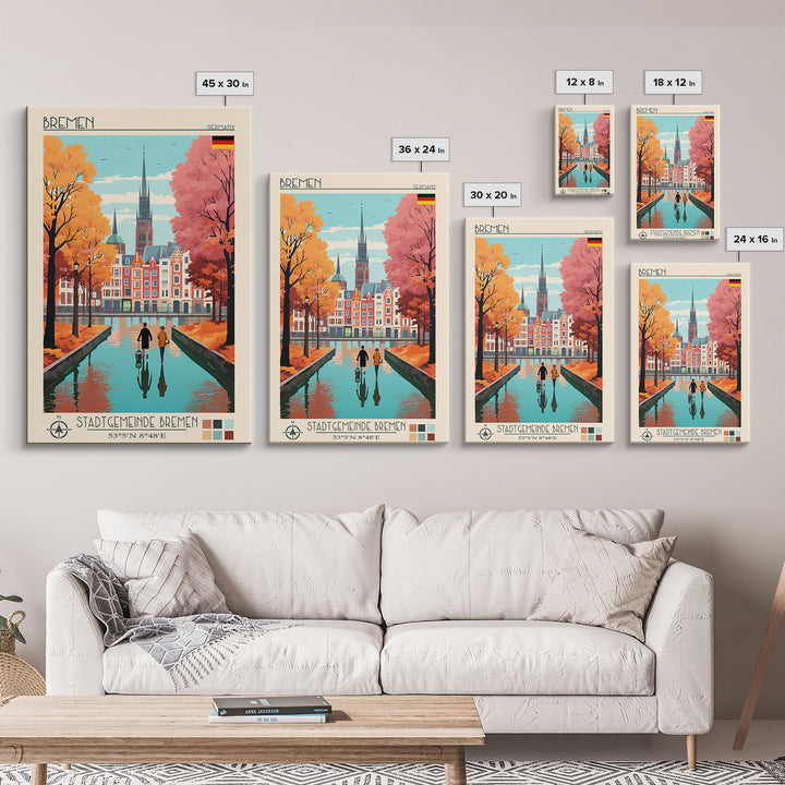 Bremen Germany Travel Poster Framed Canvas Print, Midcentury Modern Art, Pop Art Wall Decor, Home Decor, Vacation Gift, Living Room Art
