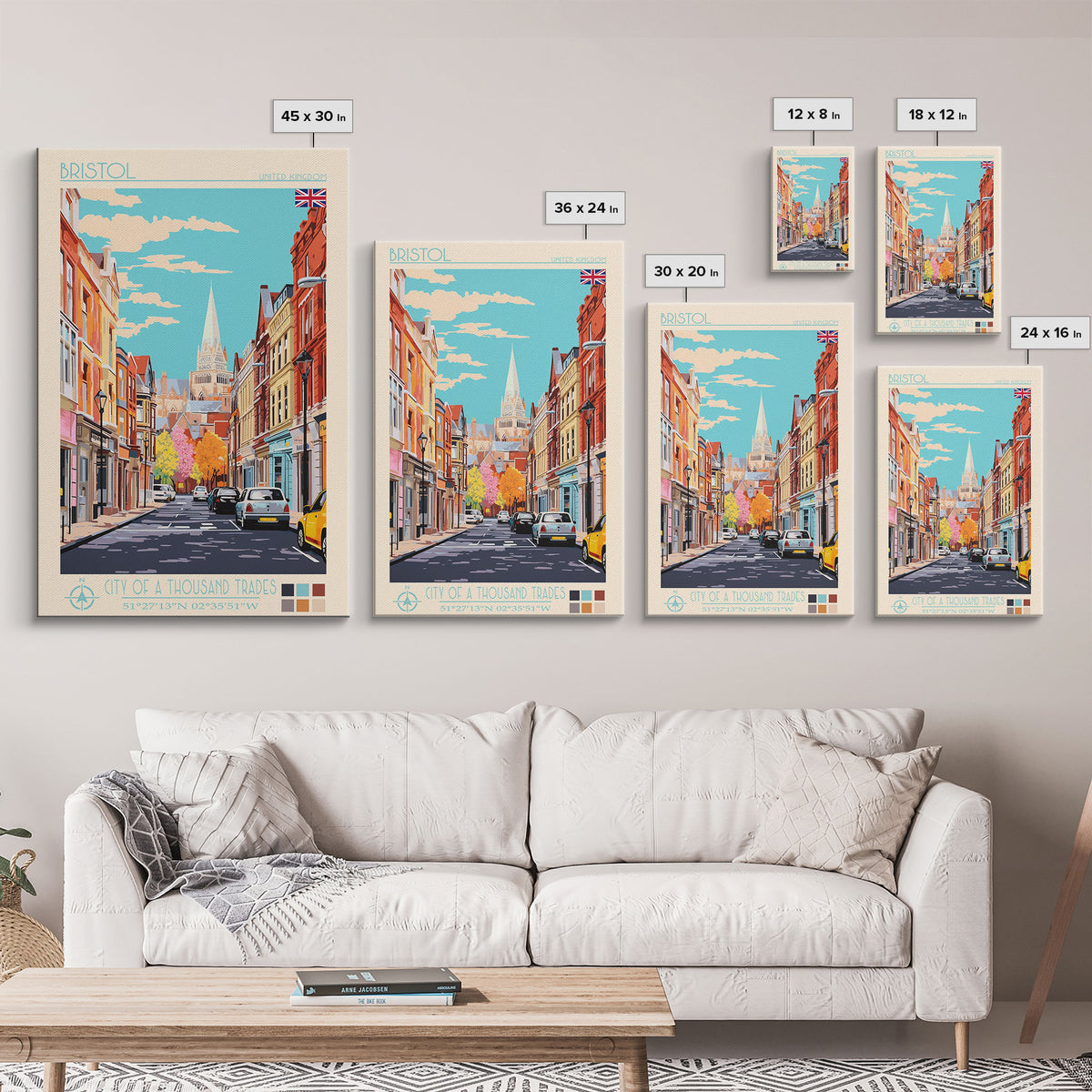 Bristol United Kingdom Travel Poster Framed Canvas Print, Midcentury Modern Art, Pop Art Wall Decor, Scenic Wall Art, Living Room Art