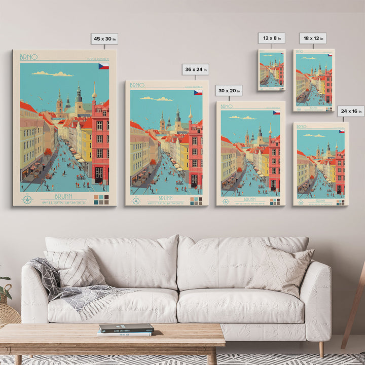 Brno Czech Republic Travel Poster Framed Canvas Print, Midcentury Modern Art, Pop Art Wall Decor, Home Decor, Vacation Gift, Living Room Art