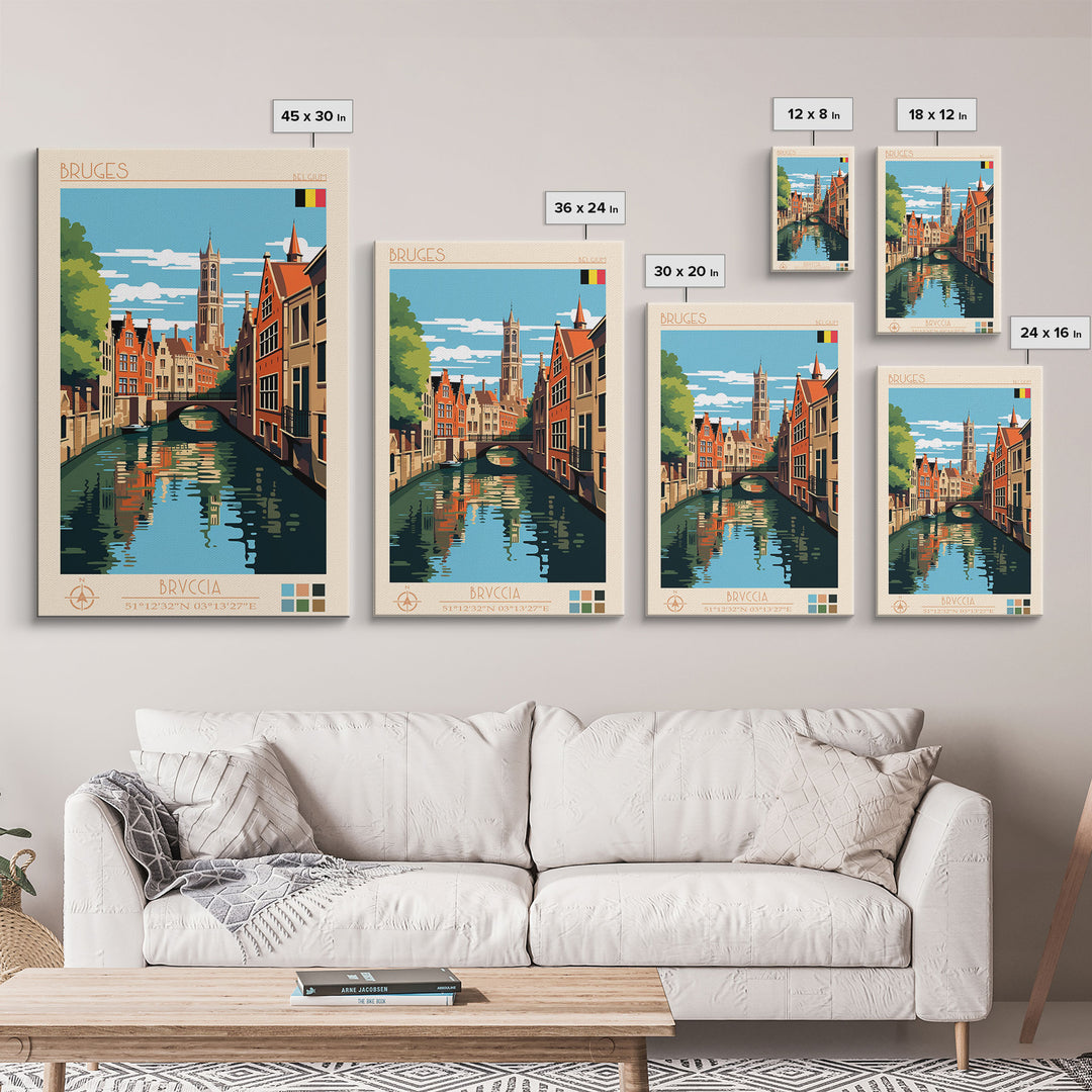 Bruges Belgium Travel Poster Framed Canvas Print, Vintage Style, Pop Art Home Decor, Scenic Wall Art, Living Room Decoration, Artistic Gift