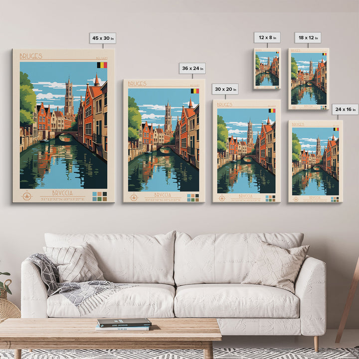 Bruges Belgium Travel Poster Framed Canvas Print, Vintage Style, Pop Art Home Decor, Scenic Wall Art, Living Room Decoration, Artistic Gift