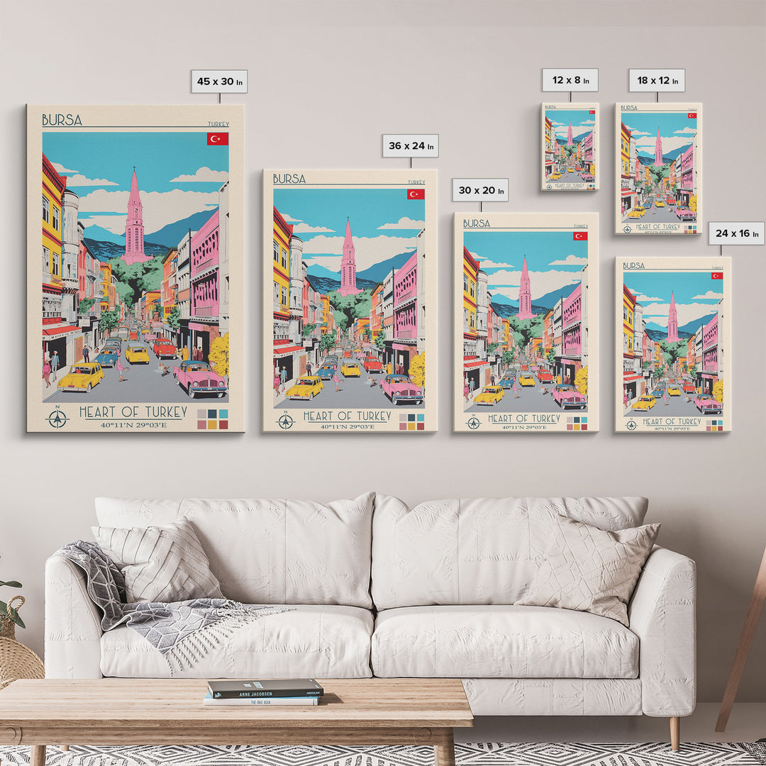 Bursa Turkey Travel Poster Framed Canvas Print, Midcentury Modern Art, Pop Art Wall Decor, Scenic Wall Art, Living Room Art