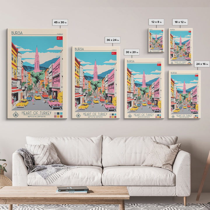 Bursa Turkey Travel Poster Framed Canvas Print, Midcentury Modern Art, Pop Art Wall Decor, Scenic Wall Art, Living Room Art