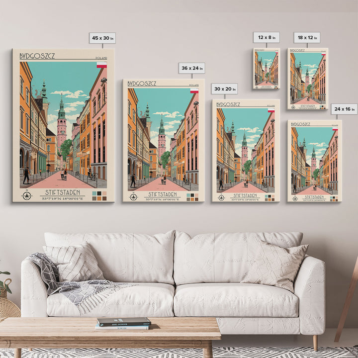 Bydgoszcz Poland Travel Poster Framed Canvas Print, Midcentury Modern Art, Pop Art Wall Decor, Home Decor, Vacation Gift, Living Room Art