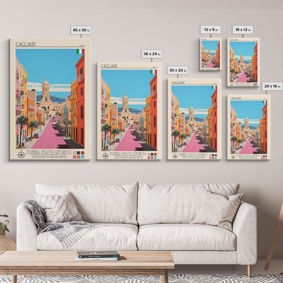 Cagliari Italy Travel Poster Framed Canvas Print, Midcentury Modern Art, Pop Art Wall Decor, Home Decor, Vacation Gift, Living Room Art