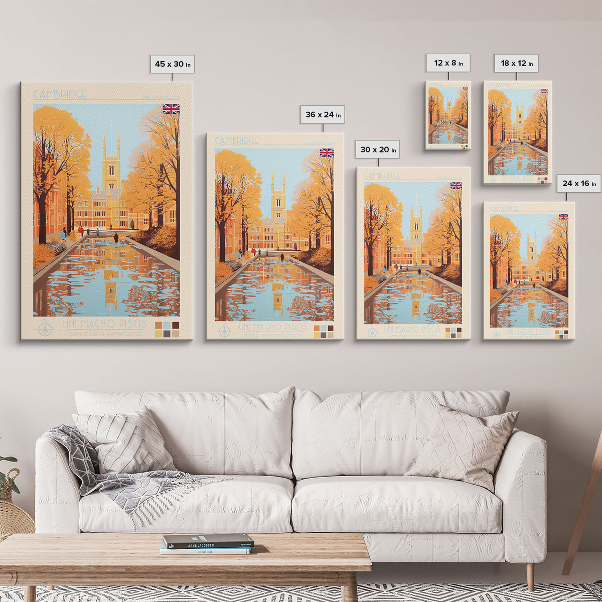 Cambridge United Kingdom Travel Poster Framed Canvas Print, Midcentury Modern Art, Pop Art Wall Decor, Home Decor, Vacation Gift, Living Room Art