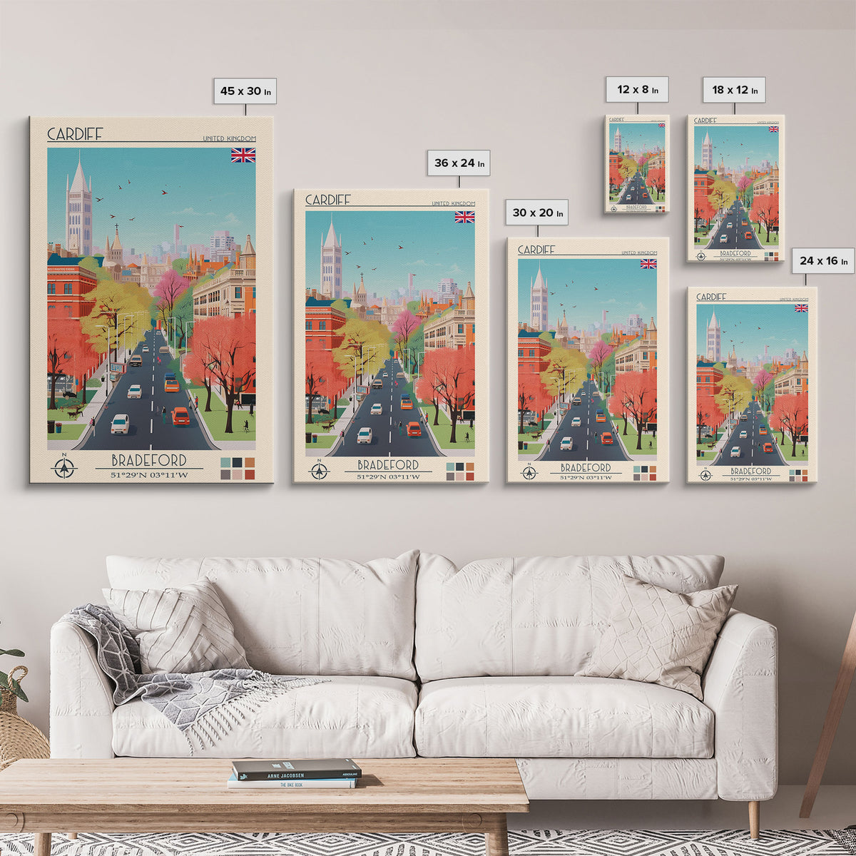 Cardiff United Kingdom Travel Poster Framed Canvas Print, Midcentury Modern Art, Pop Art Wall Decor, Home Decor, Vacation Gift, Living Room Art