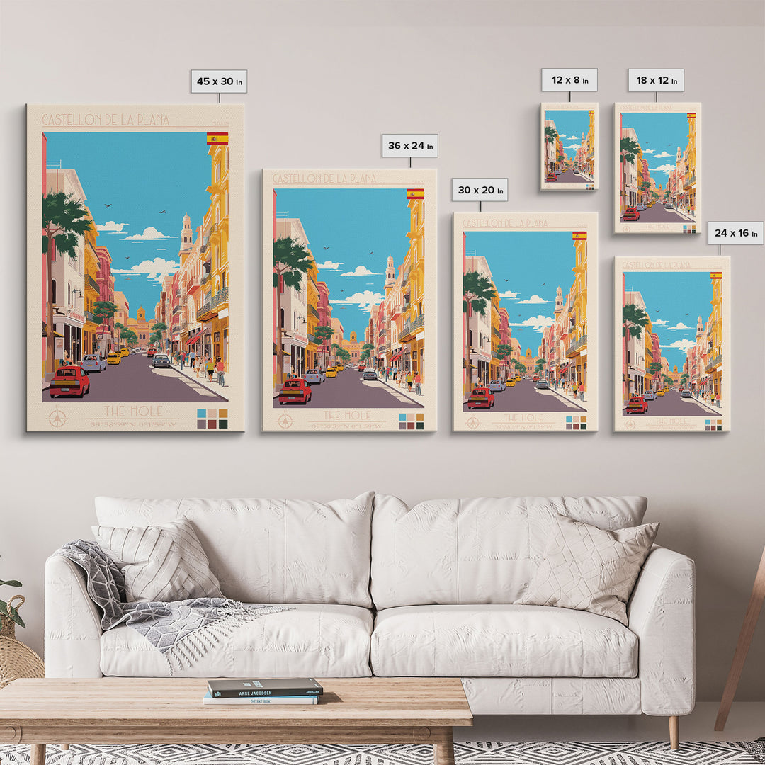 Castellón de la Plana Spain Travel Poster Framed Canvas Print, Midcentury Modern Art, Pop Art Wall Decor, Home Decor, Vacation Gift, Living Room Art