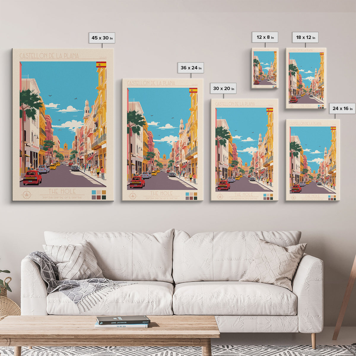 Castellón de la Plana Spain Travel Poster Framed Canvas Print, Midcentury Modern Art, Pop Art Wall Decor, Home Decor, Vacation Gift, Living Room Art