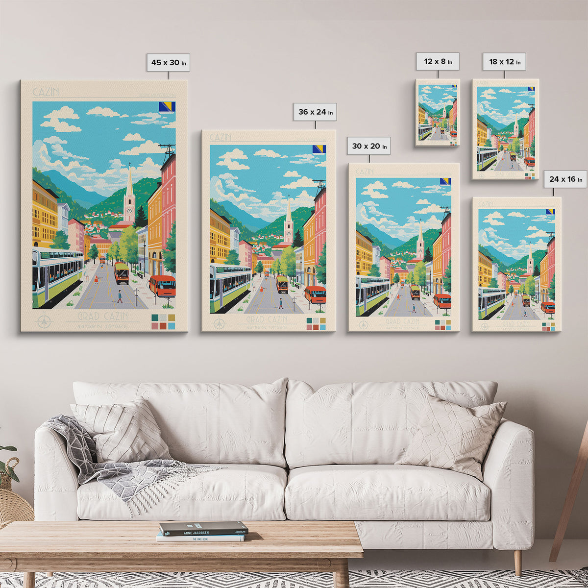 Cazin Bosnia and Herzegovina Travel Poster Framed Canvas Print, Midcentury Modern Art, Pop Art Wall Decor, Home Decor, Living Room Art