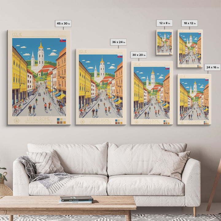 Celje Slovenia Travel Poster Framed Canvas Print, Midcentury Modern Art, Pop Art Wall Decor, Scenic Wall Art, Living Room Art