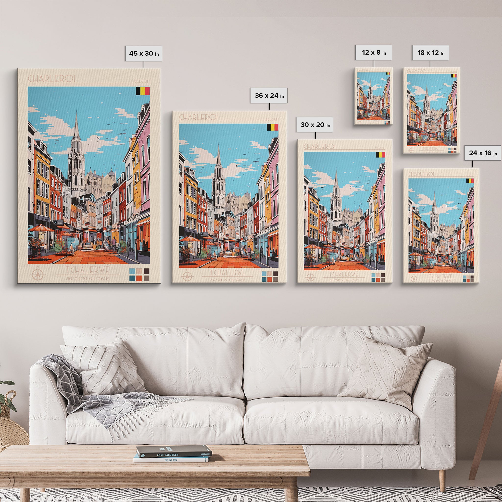 Charleroi Belgium Travel Poster Framed Canvas Print, Midcentury Modern Art, Pop Art Wall Decor, Home Decor, Vacation Gift, Living Room Art