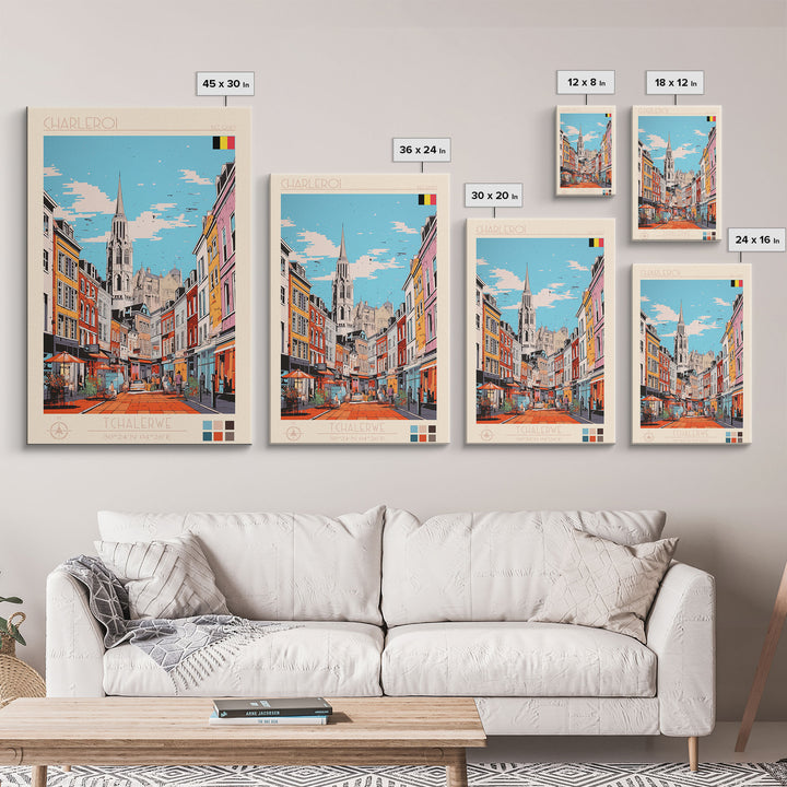 Charleroi Belgium Travel Poster Framed Canvas Print, Midcentury Modern Art, Pop Art Wall Decor, Home Decor, Vacation Gift, Living Room Art