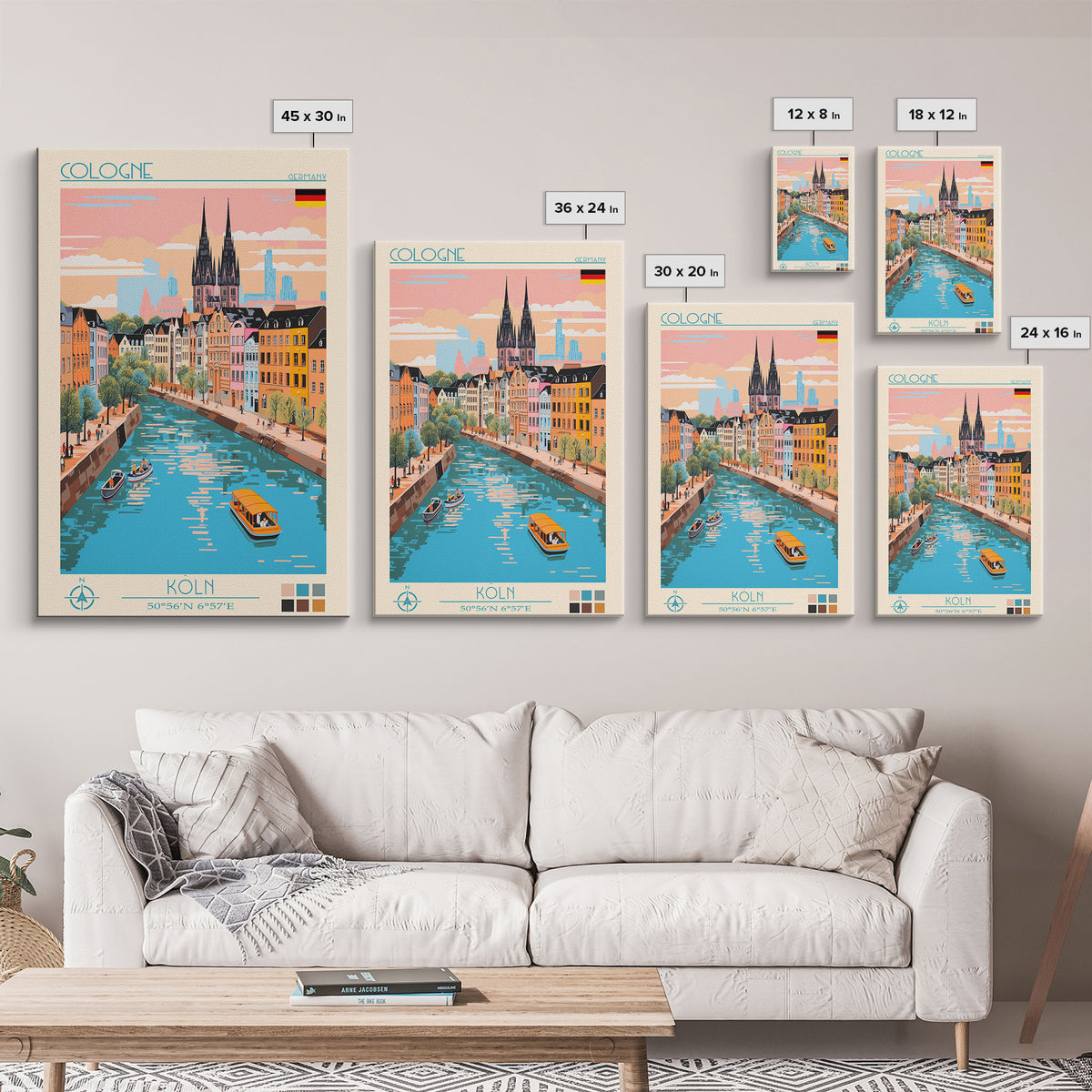 Cologne Germany Travel Poster Framed Canvas Print, Midcentury Modern Art, Pop Art Wall Decor, Scenic Wall Art, Living Room Art