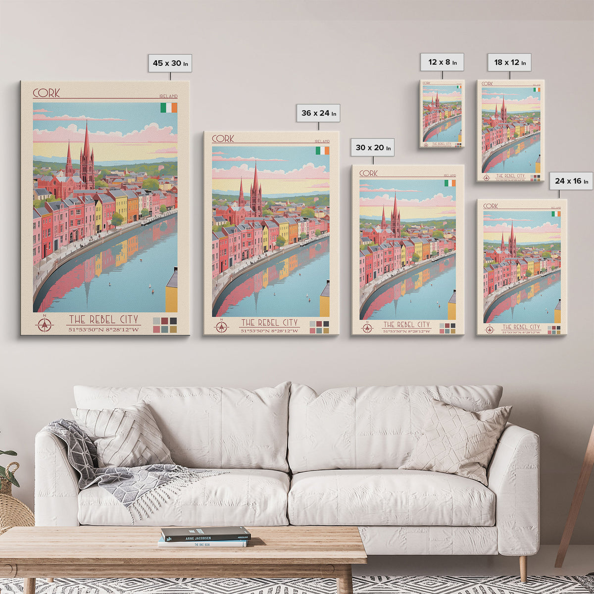 Cork Ireland Travel Poster Framed Canvas Print, Midcentury Modern Art, Pop Art Wall Decor, Home Decor, Vacation Gift, Living Room Art