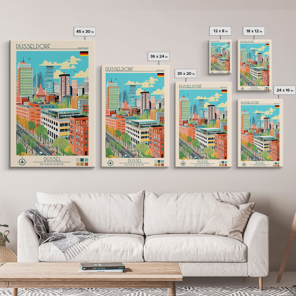Düsseldorf Germany Travel Poster Framed Canvas Print, Midcentury Modern Art, Pop Art Wall Decor, Home Decor, Vacation Gift, Office Art