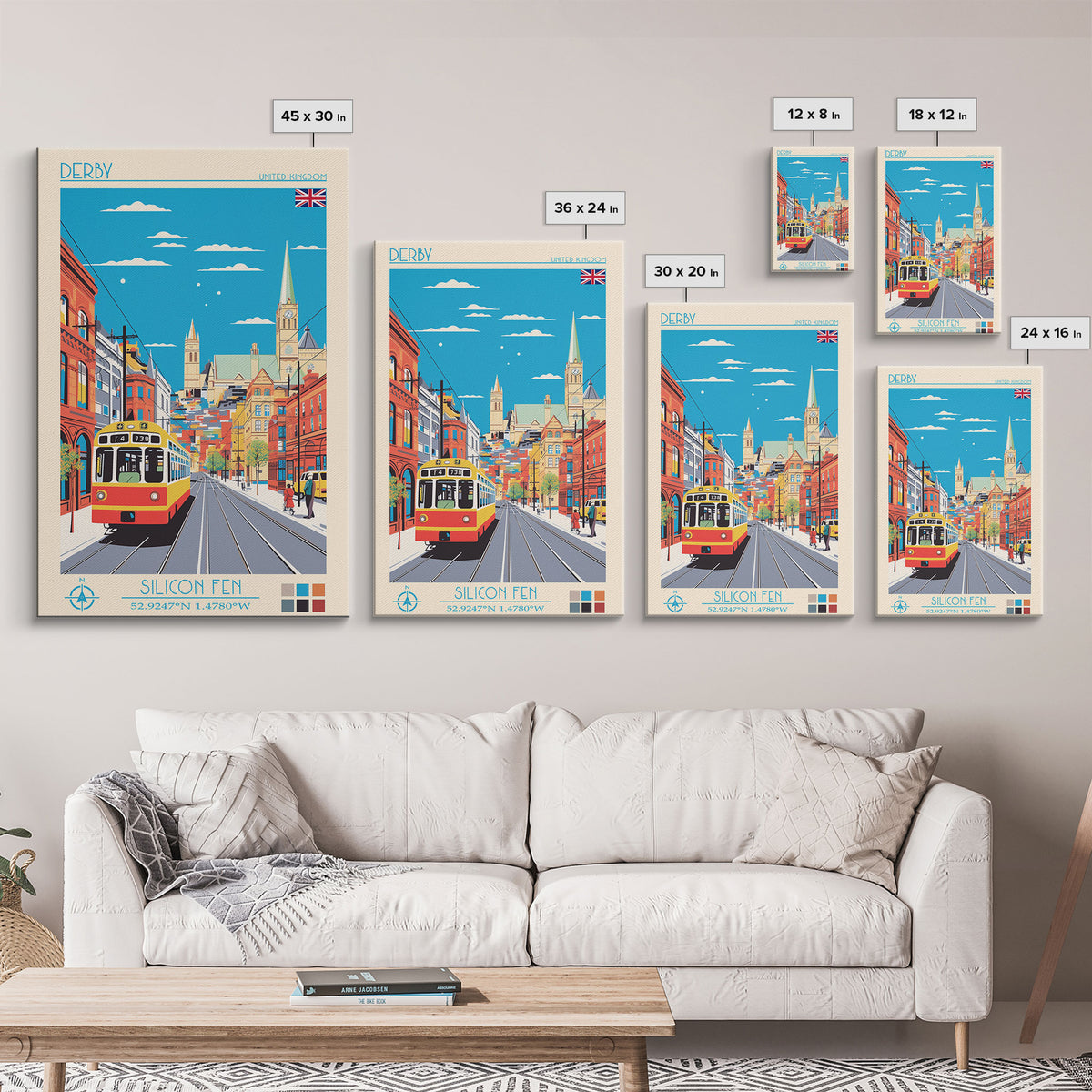Derby United Kingdom Travel Poster Framed Canvas Print, Midcentury Modern Art, Pop Art Wall Decor, Scenic Wall Art, Living Room Art