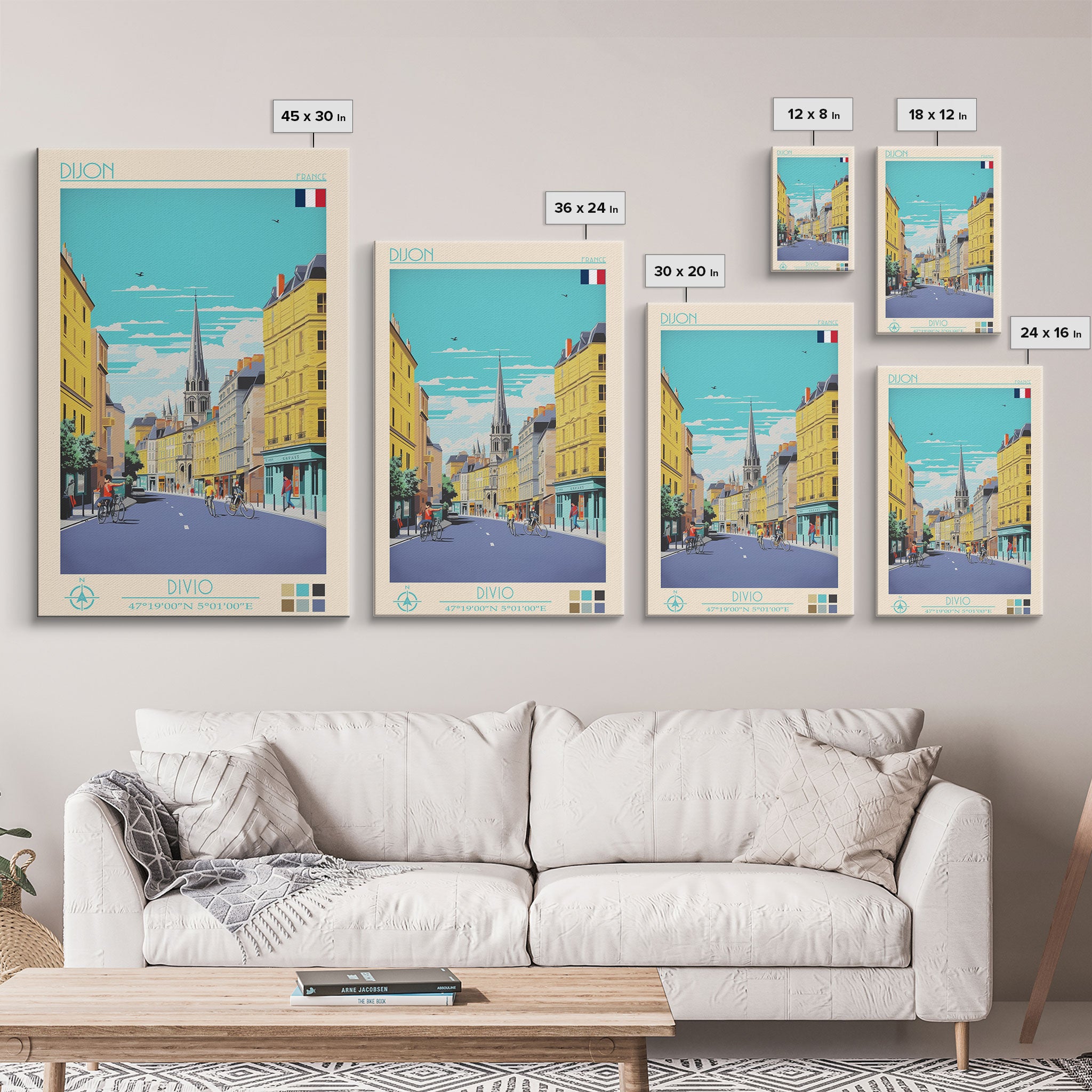 Dijon France Travel Poster Framed Canvas Print, Midcentury Modern Art, Pop Art Wall Decor, Home Decor, Vacation Gift, Living Room Art