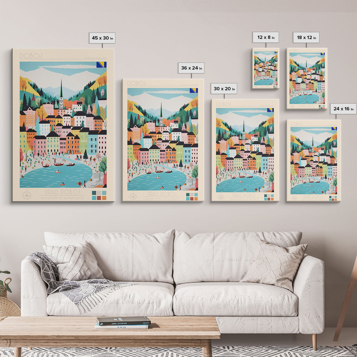 Doboj Bosnia and Herzegovina Travel Poster Framed Canvas Print, Midcentury Modern Art, Pop Art Wall Decor, Home Decor, Vacation Gift, Living Room Art