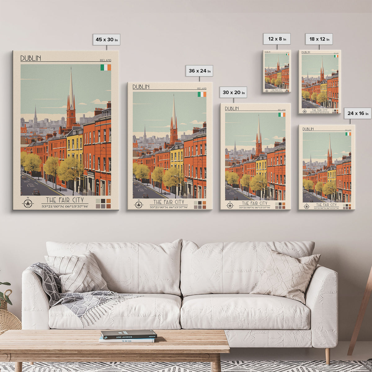 Dublin Ireland Travel Poster Framed Canvas Print, Midcentury Modern Art, Pop Art Wall Decor, Scenic Bedroom Art, Office Decoration