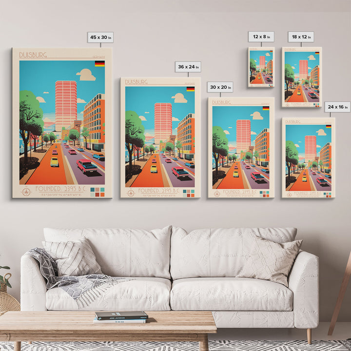 Duisburg Germany Travel Poster Framed Canvas Print, Midcentury Modern Art, Pop Art Wall Decor, Scenic Living Room Art, Bedroom Decor