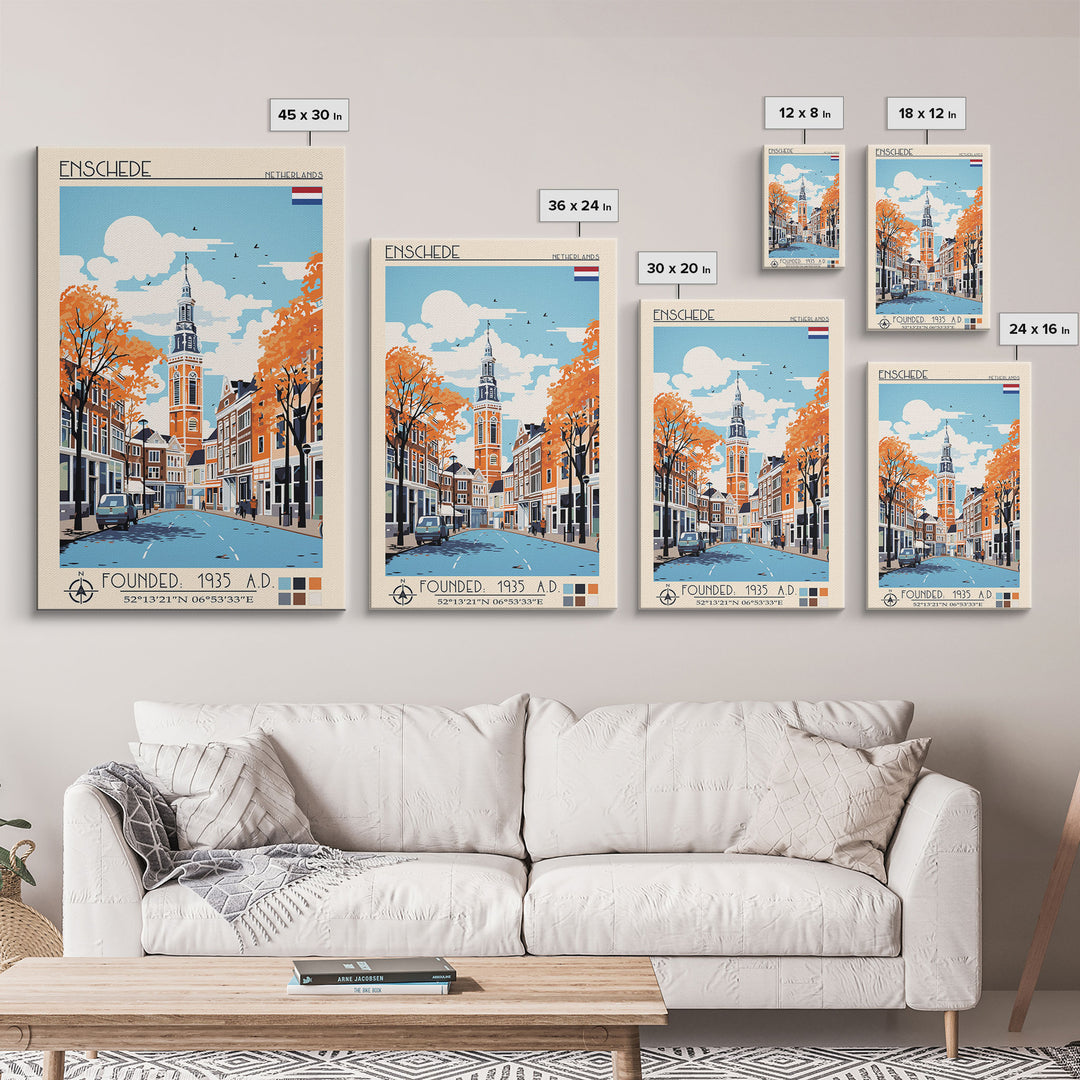 Enschede Netherlands Travel Poster Framed Canvas Print, Midcentury Modern Art, Pop Art Wall Decor, Scenic Wall Art, Bedroom Decoration