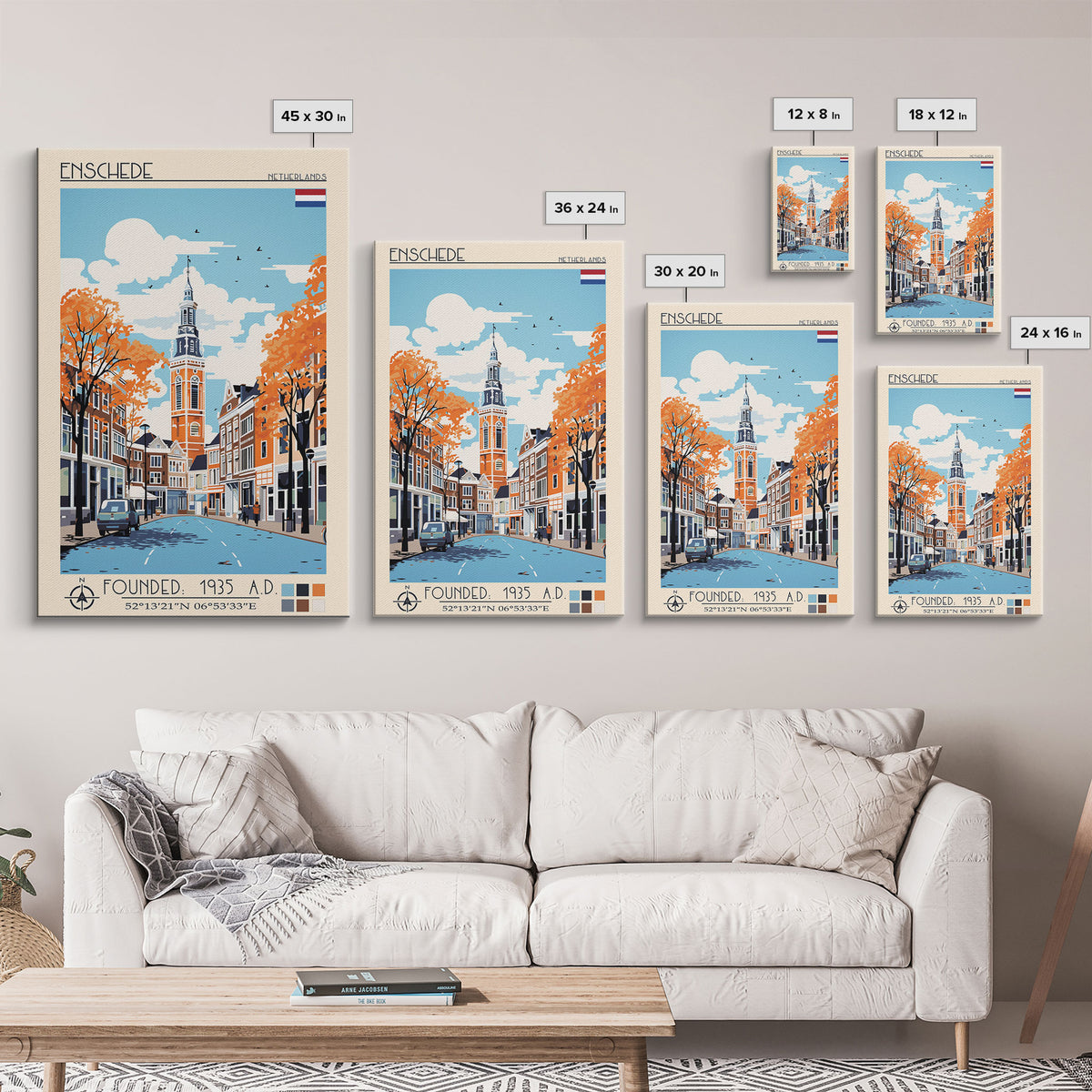 Enschede Netherlands Travel Poster Framed Canvas Print, Midcentury Modern Art, Pop Art Wall Decor, Scenic Wall Art, Bedroom Decoration