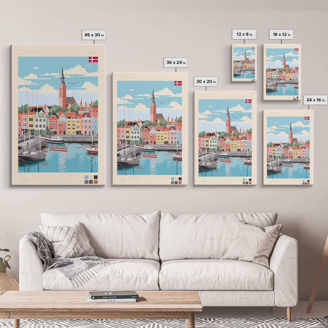 Esbjerg Denmark Travel Poster Framed Canvas Print, Midcentury Modern Art, Pop Art Wall Decor, Scenic Bedroom Art, Office Decoration