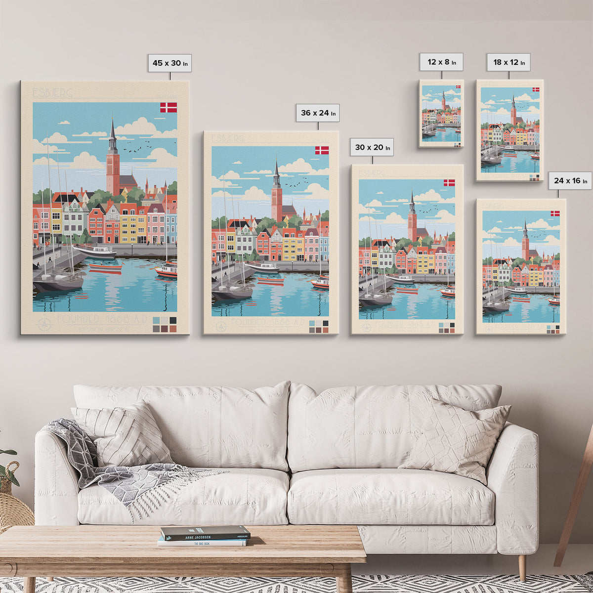 Esbjerg Denmark Travel Poster Framed Canvas Print, Midcentury Modern Art, Pop Art Wall Decor, Scenic Bedroom Art, Office Decoration