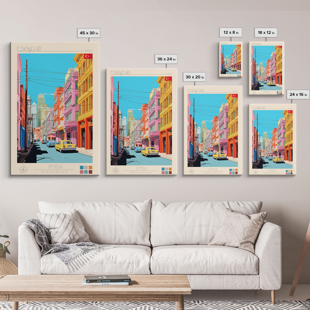 Eskişehir Turkey Travel Poster Framed Canvas Print, Midcentury Modern Art, Pop Art Wall Decor, Scenic Living Room Art, Bedroom Decor