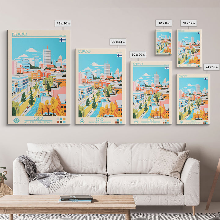 Espoo Finland Travel Poster Framed Canvas Print, Vintage Style, Pop Art Home Decor, Scenic Wall Art, Bedroom Decoration, Office Gift