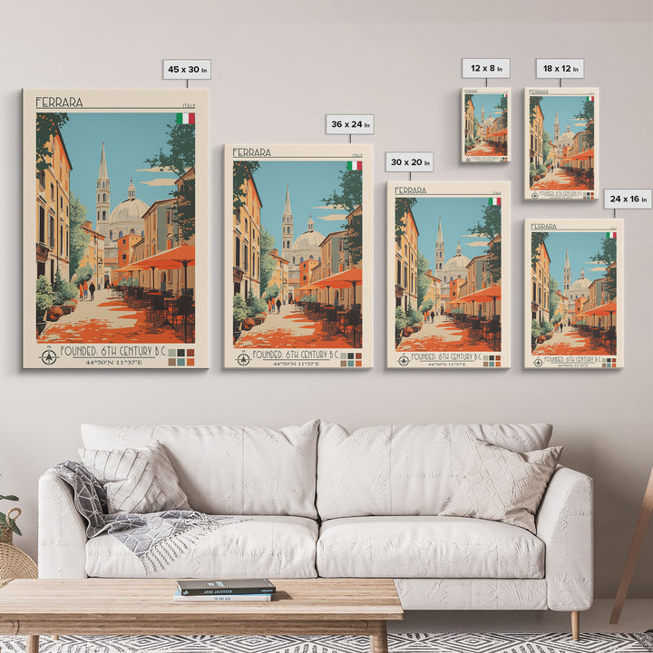 Ferrara Italy Travel Poster Framed Canvas Print, Midcentury Modern Art, Pop Art Wall Decor, Scenic Living Room Art, Bedroom Gift