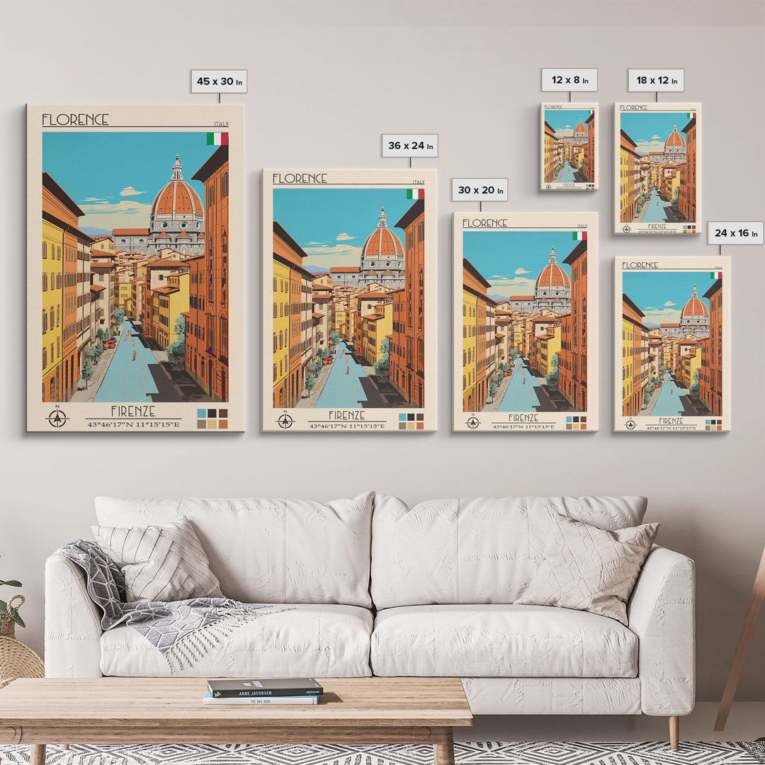 Florence Italy Travel Poster Framed Canvas Print, Midcentury Modern Art, Pop Art Wall Decor, Scenic Wall Art, Living Room Decoration, Office Art