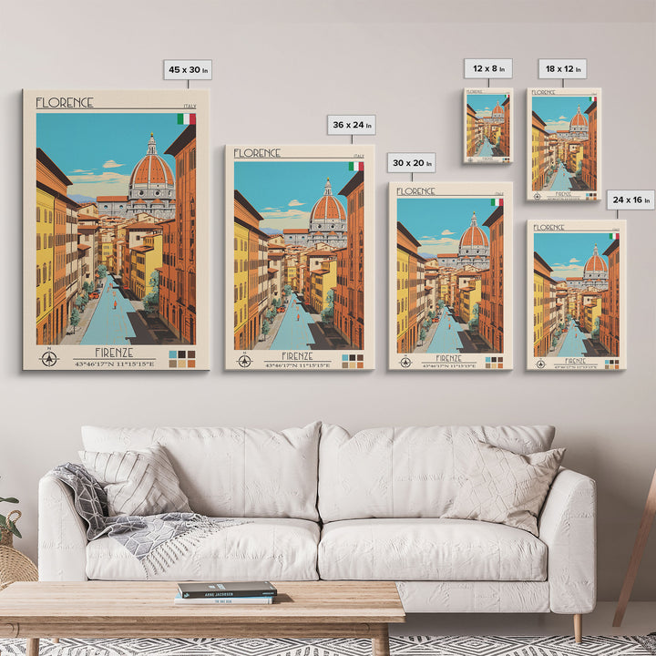 Florence Italy Travel Poster Framed Canvas Print, Midcentury Modern Art, Pop Art Wall Decor, Scenic Wall Art, Living Room Decoration, Office Art