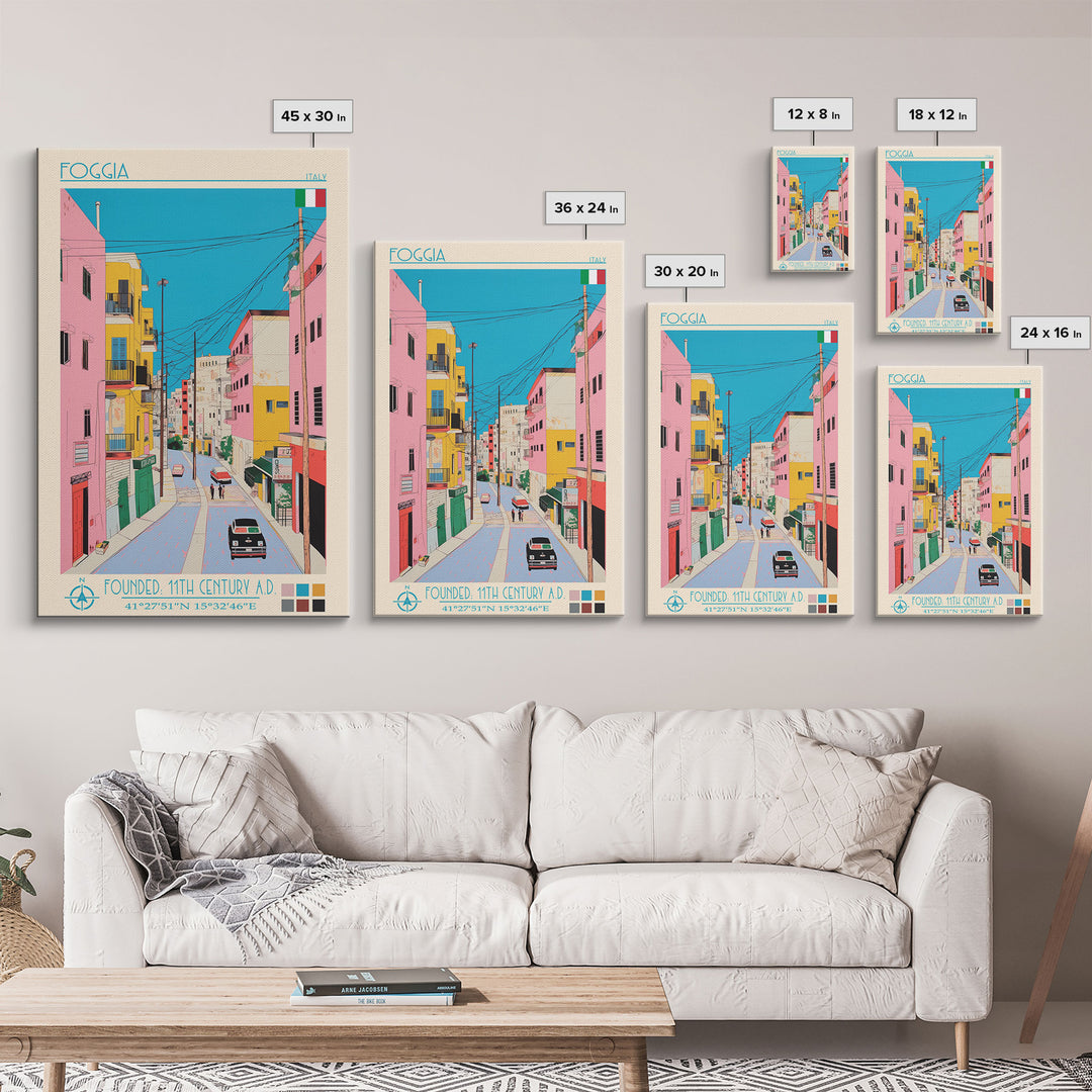 Foggia Italy Travel Poster Framed Canvas Print, Midcentury Modern Art, Pop Art Wall Decor, Home Decor, Vacation Gift, Bedroom Art