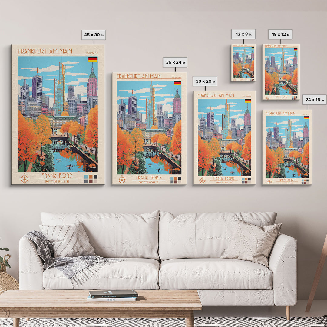 Frankfurt Germany Travel Poster Framed Canvas Print, Midcentury Modern Art, Pop Art Wall Decor, Scenic Wall Art, Living Room Decoration, Office Gift