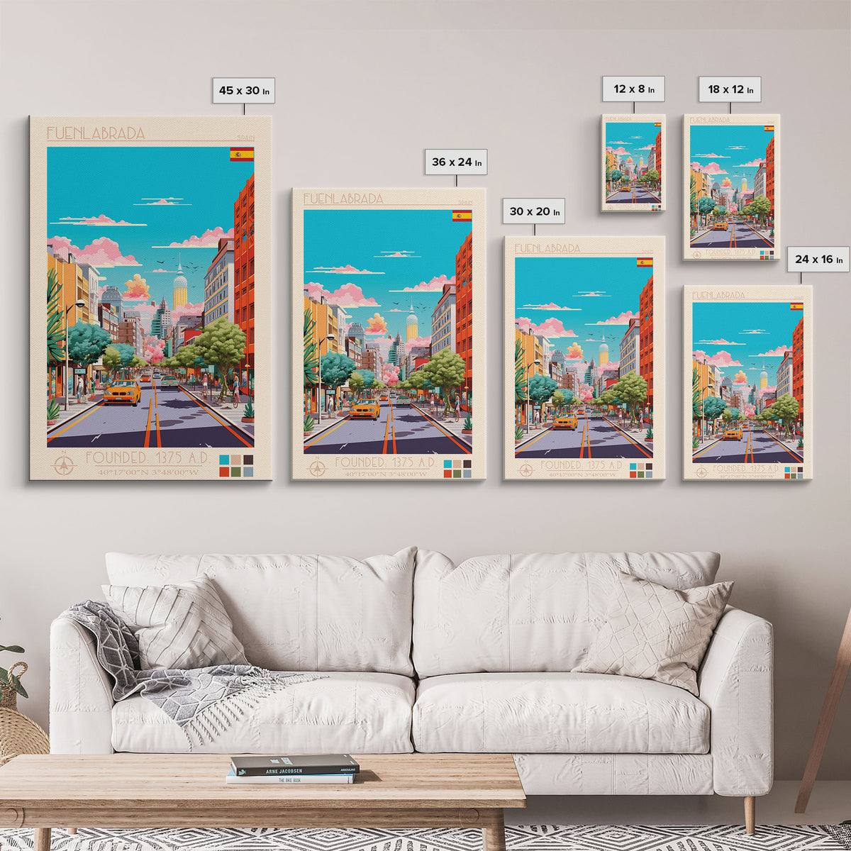 Fuenlabrada Spain Travel Poster Framed Canvas Print, Midcentury Modern Art, Pop Art Wall Decor, Scenic Wall Art, Living Room Decoration, Office Art