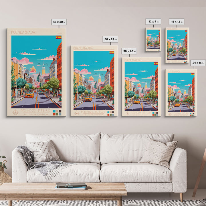 Fuenlabrada Spain Travel Poster Framed Canvas Print, Midcentury Modern Art, Pop Art Wall Decor, Scenic Wall Art, Living Room Decoration, Office Art