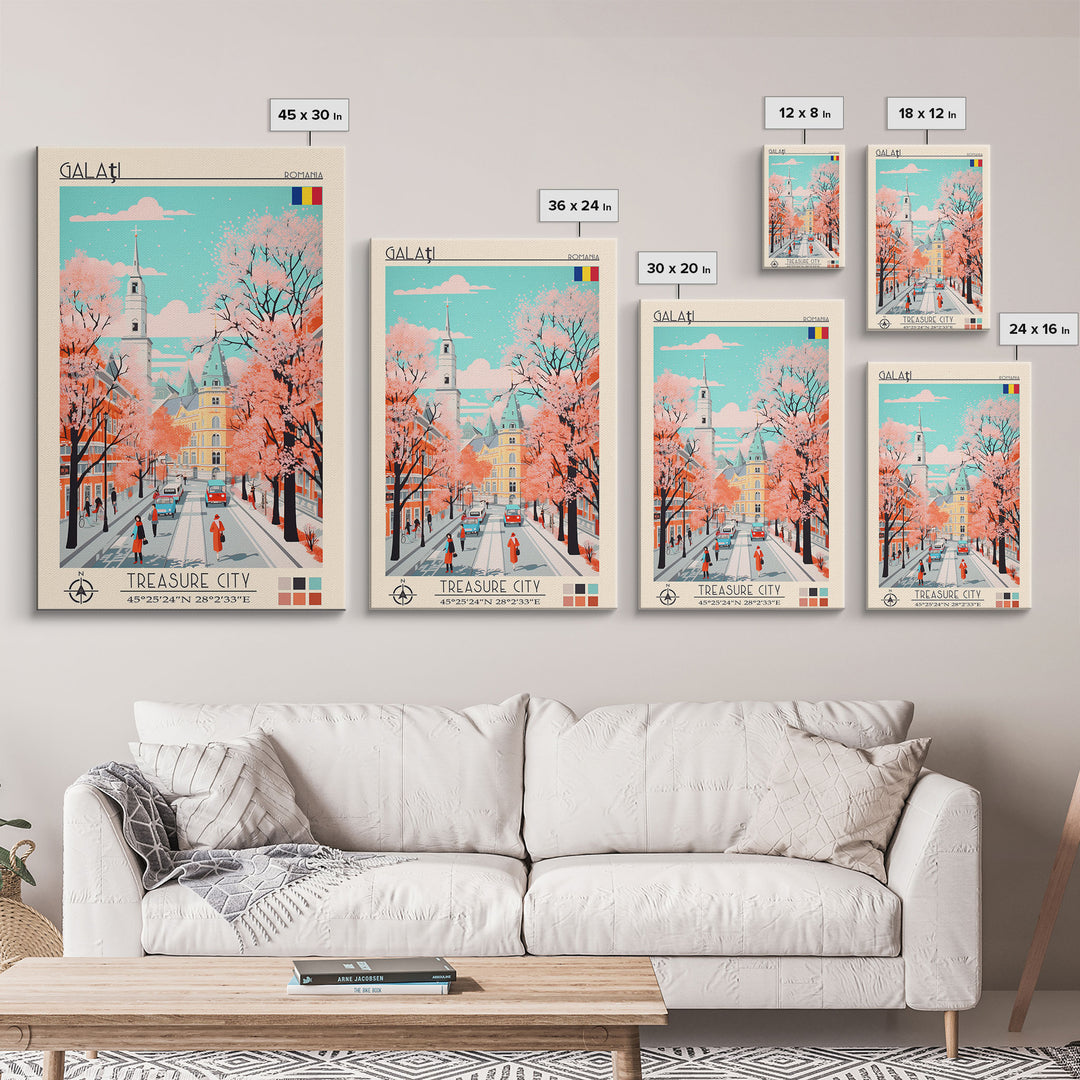 Galați Romania Travel Poster Framed Canvas Print, Midcentury Modern Art, Pop Art Wall Decor, Scenic Wall Art, Bedroom Decoration, Office Art